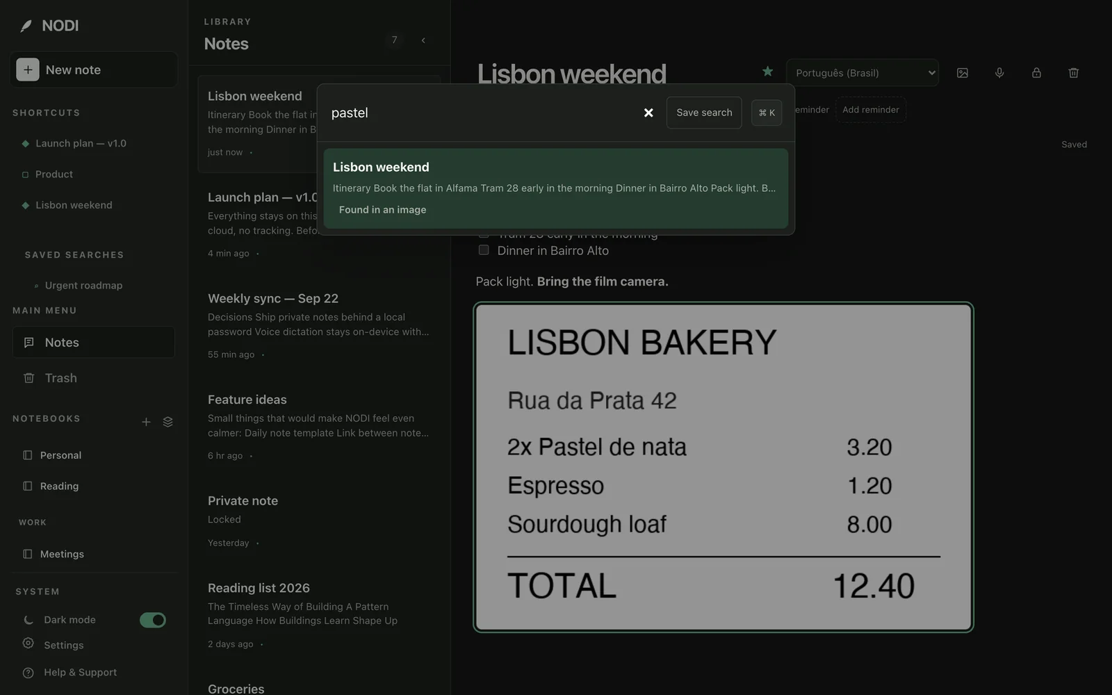 A NODI search for “pastel” finding a receipt image.
