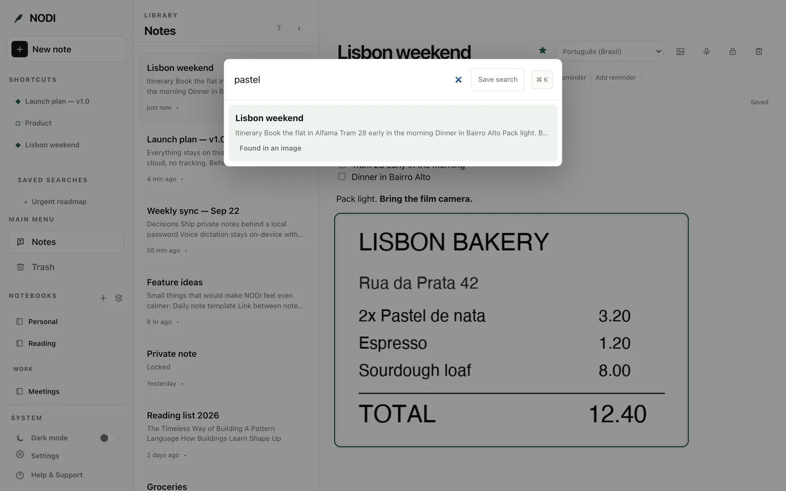 A NODI search for “pastel” finding a receipt image.