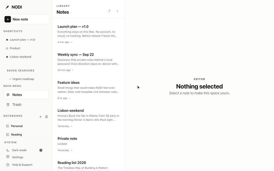 Animated tour of NODI: inserting a receipt into a note, related notes, dictating a note and playing its recording from a sentence, finding a word printed on the receipt with search, and switching to dark mode.