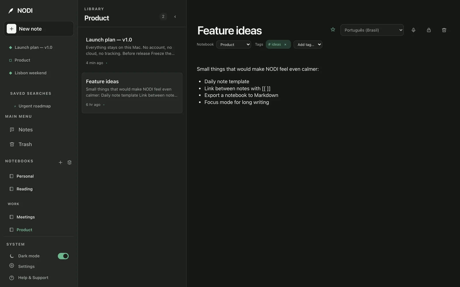 The Product notebook open in NODI, with the Work stack and shortcuts in the sidebar.
