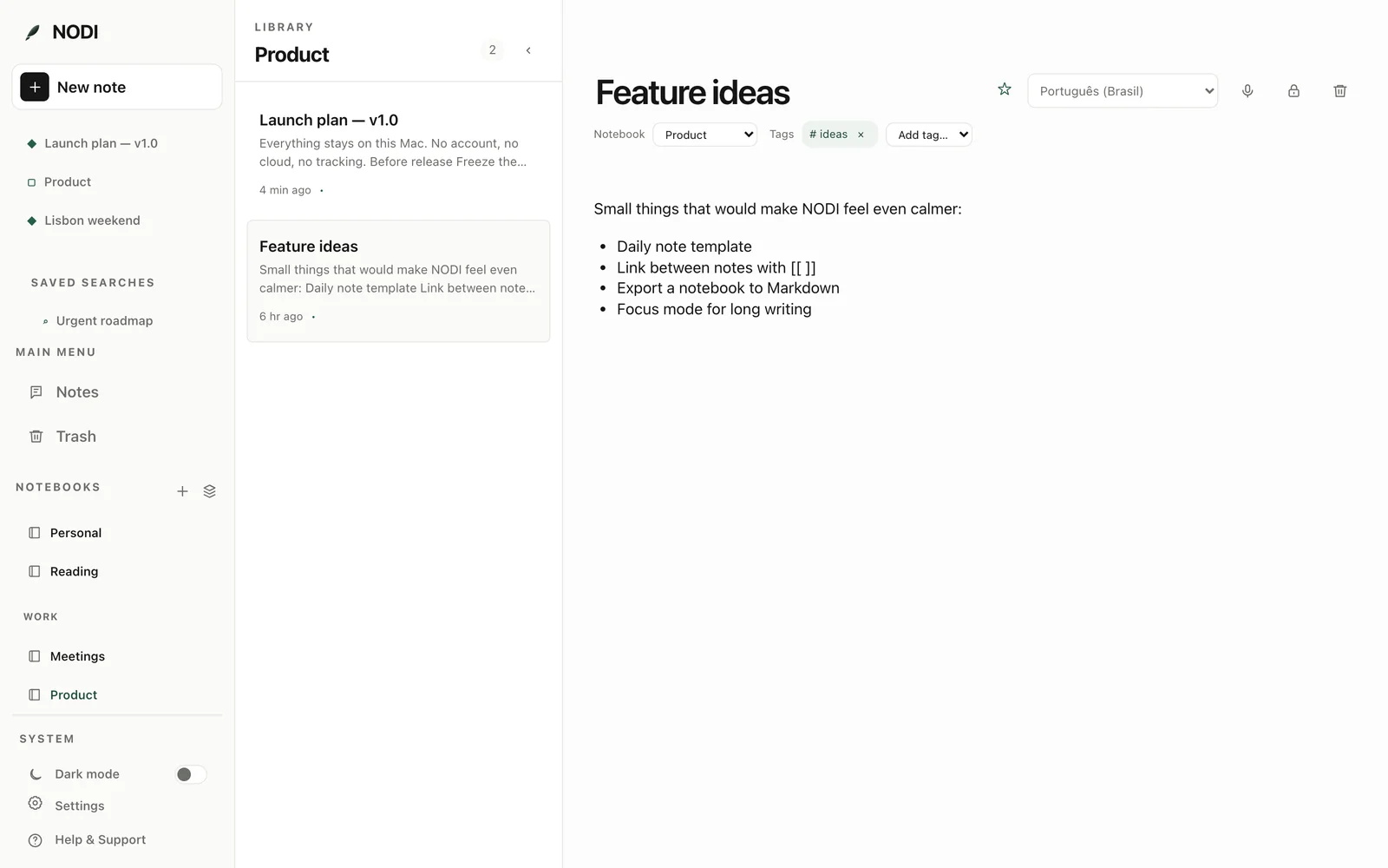 The Product notebook open in NODI, with the Work stack and shortcuts in the sidebar.