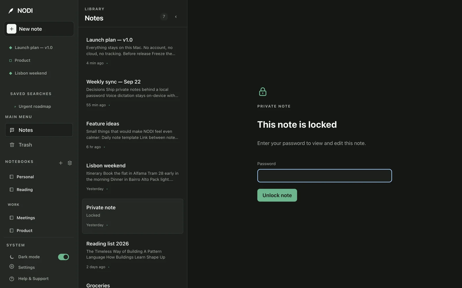 A locked private note in NODI asking for a password.