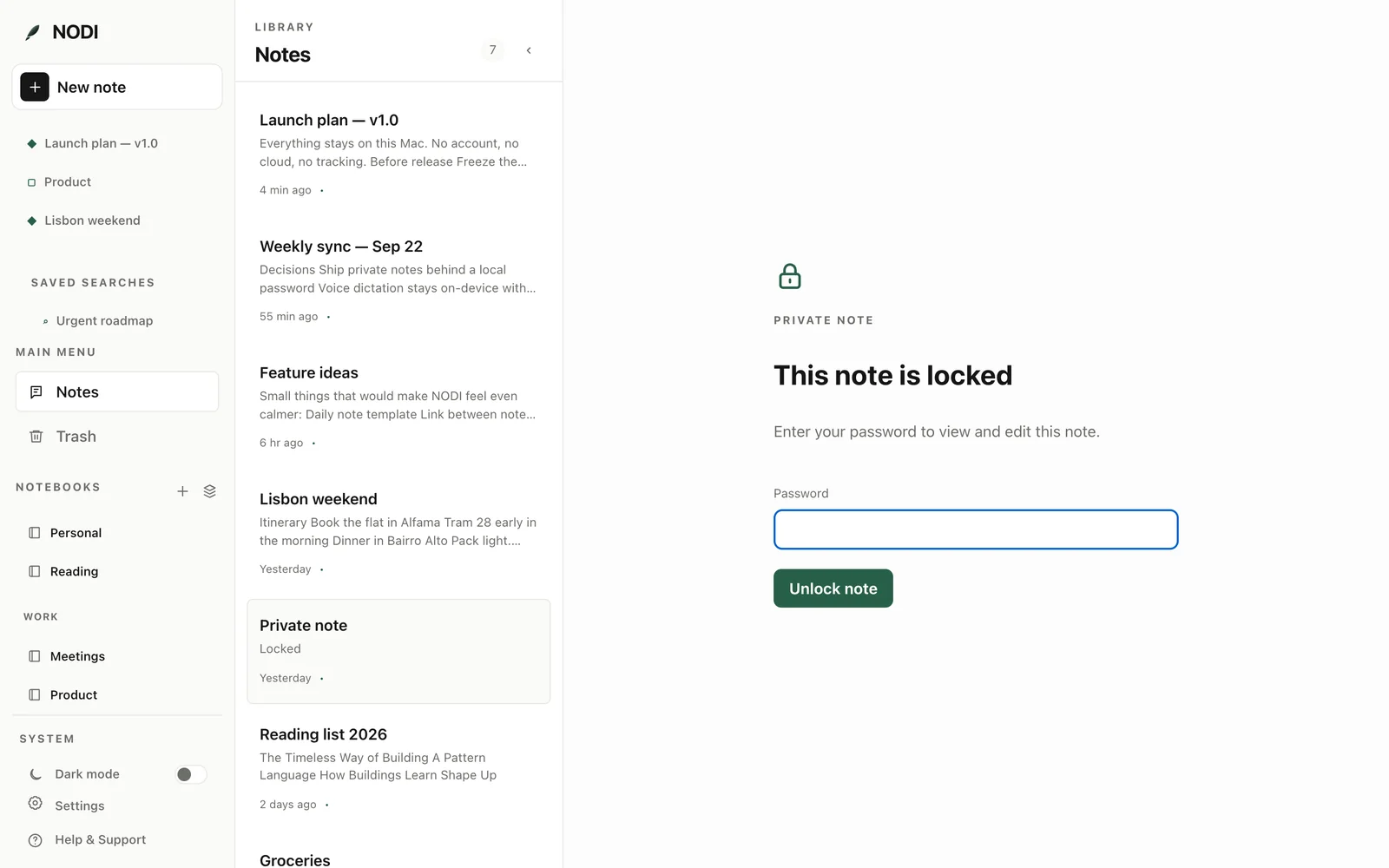 A locked private note in NODI asking for a password.