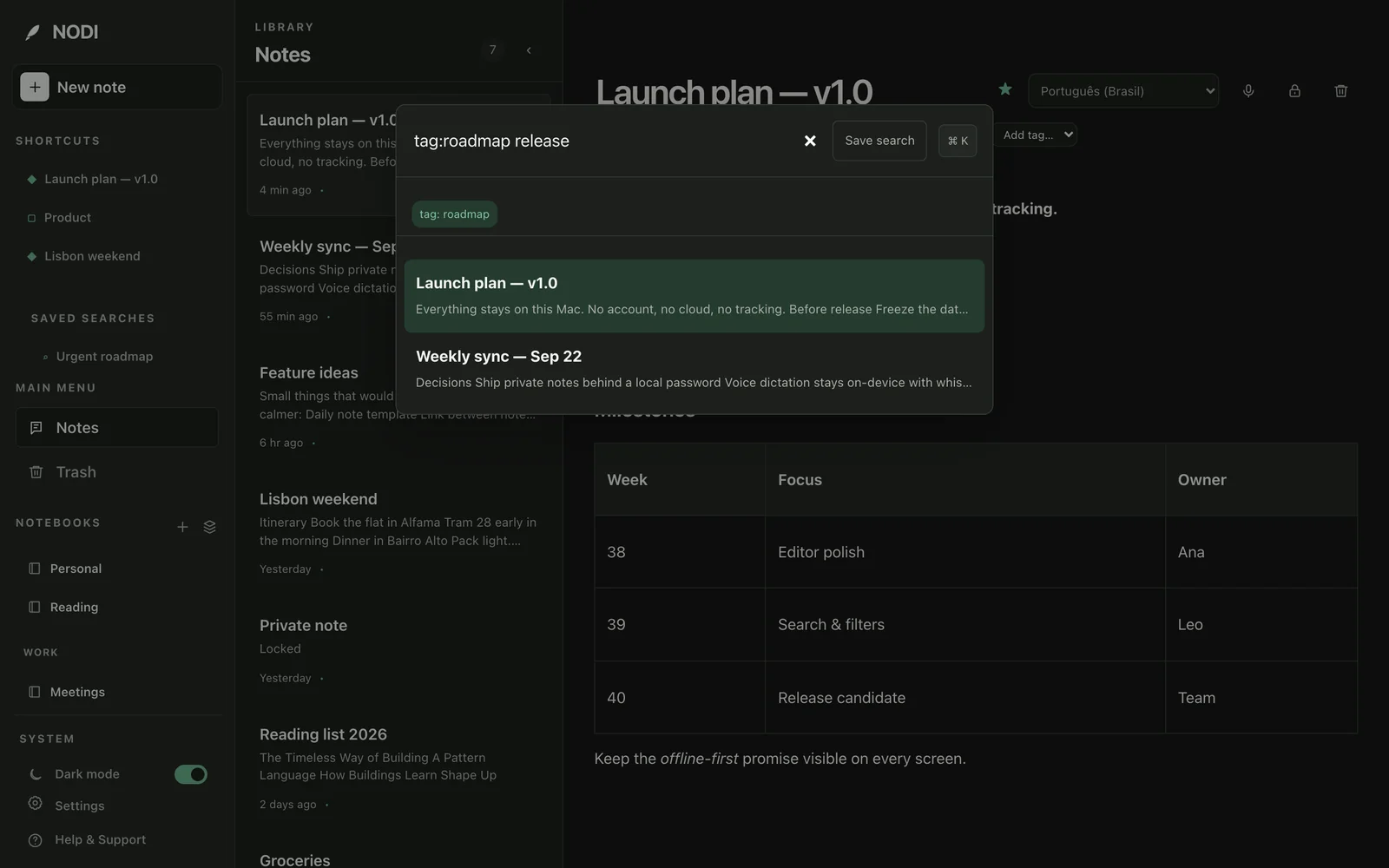 The NODI search dialog filtering notes with tag:roadmap release.