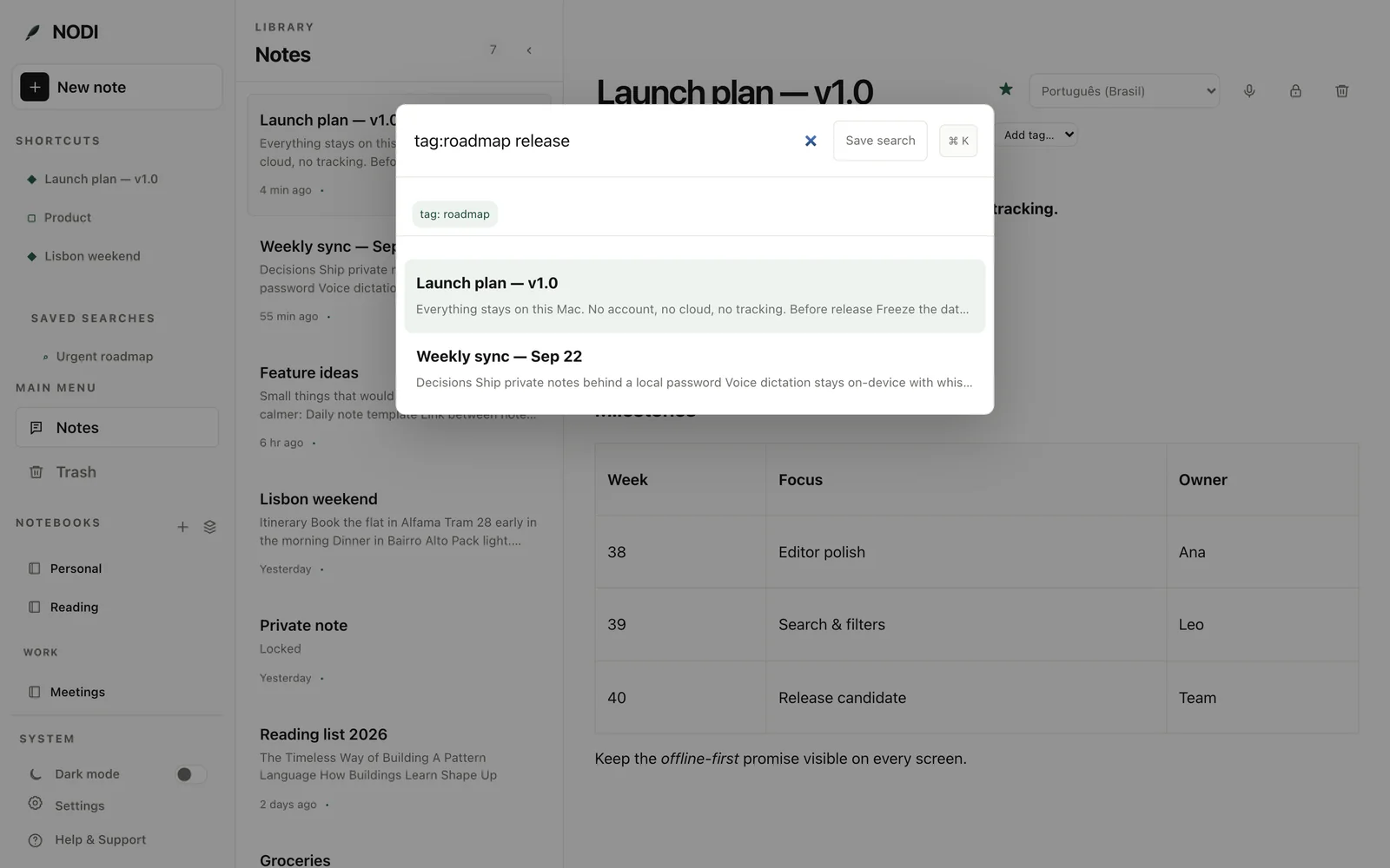 The NODI search dialog filtering notes with tag:roadmap release.