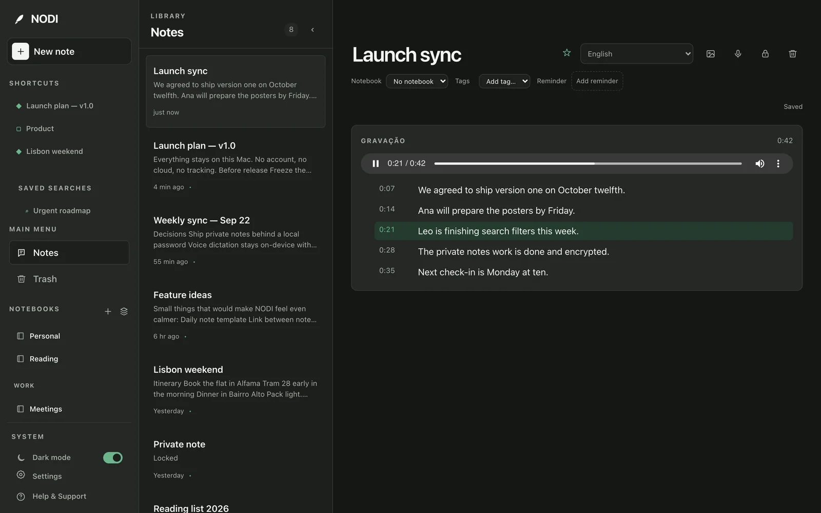 A voice recording in NODI with its timed transcript, playing from one sentence.