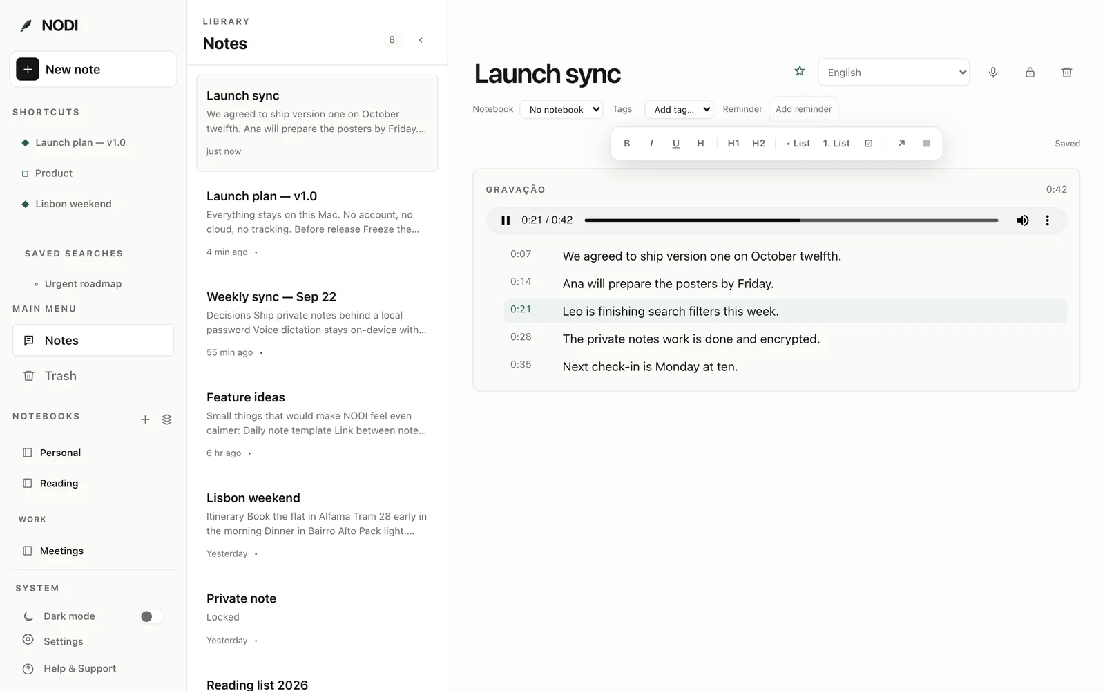 A voice recording in NODI with its timed transcript, playing from one sentence.